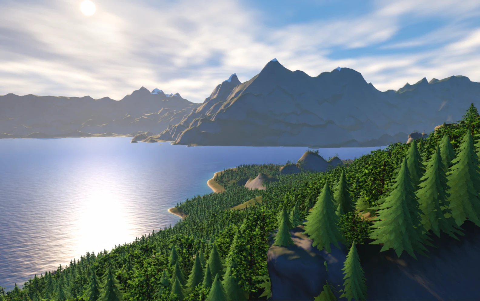 Aether-rendered forested coastline, sunlit water, and alpine mountains