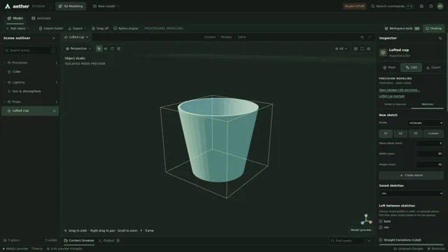 Saved circular profile and plane origin control the lofted cup.