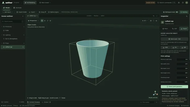 Geometry validation on the current hollow cup before export.
