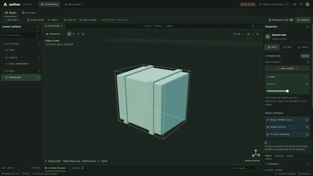 A taper modifier deforms the CAD-derived crate in the shared modeling viewport.