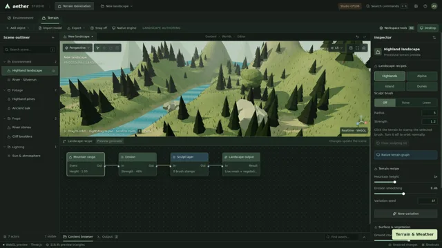 Live shared-workspace terrain preview using the highlands recipe.
