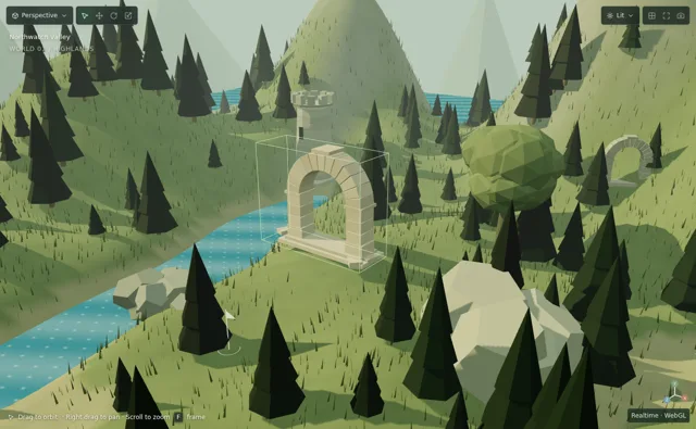Northwatch sample scene with terrain, architecture, water and vegetation.