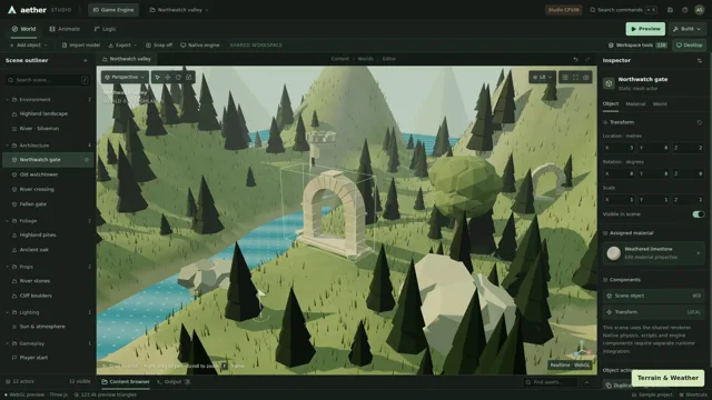 Northwatch sample scene with terrain, architecture, water and vegetation.