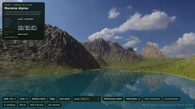 Moraine Alpine rendered from an exported Aether terrain: scanned surfaces, HDR sky, vegetation and lake reflections. Viewer controls are visible.