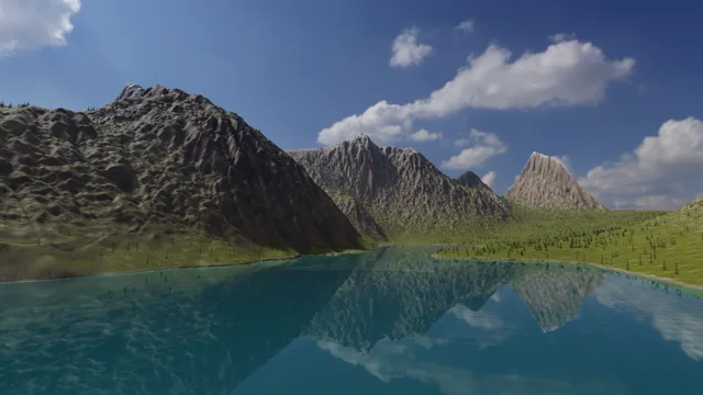 Moraine Alpine rendered from an exported Aether terrain: scanned surfaces, HDR sky, vegetation and lake reflections.