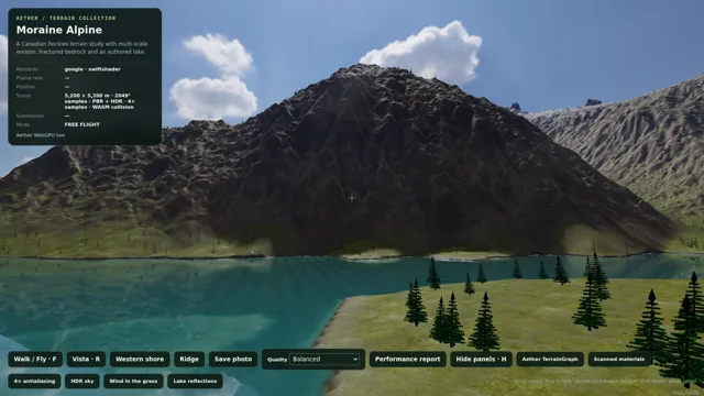Moraine Alpine rendered from an exported Aether terrain: scanned surfaces, HDR sky, vegetation and lake reflections. Viewer controls are visible.