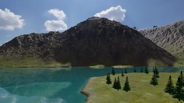 Moraine Alpine rendered from an exported Aether terrain: scanned surfaces, HDR sky, vegetation and lake reflections.