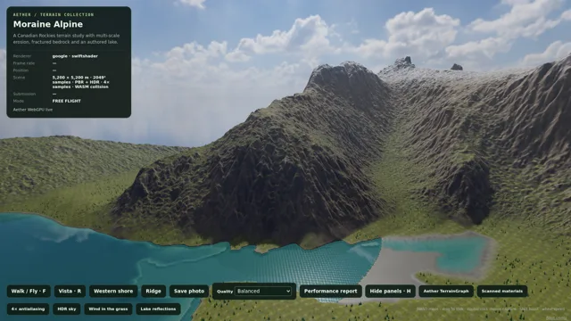 Moraine Alpine rendered from an exported Aether terrain: scanned surfaces, HDR sky, vegetation and lake reflections. Viewer controls are visible.