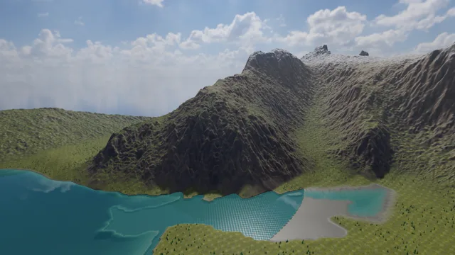 Moraine Alpine rendered from an exported Aether terrain: scanned surfaces, HDR sky, vegetation and lake reflections.