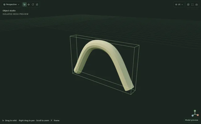 A tube mesh follows an editable curve recipe, with radius and point controls.