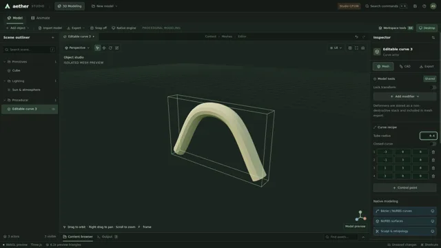 A tube mesh follows an editable curve recipe, with radius and point controls.