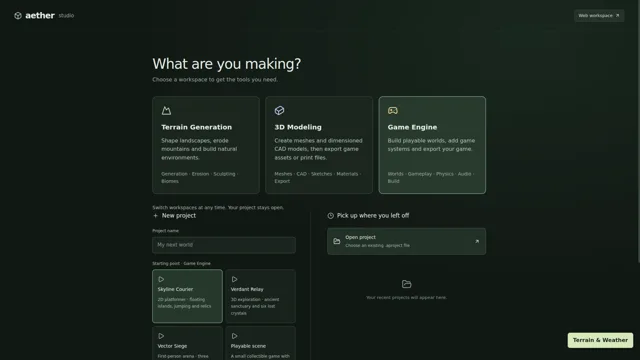 The native project picker offers Skyline Courier, Verdant Relay, Vector Siege and a collectible scene.