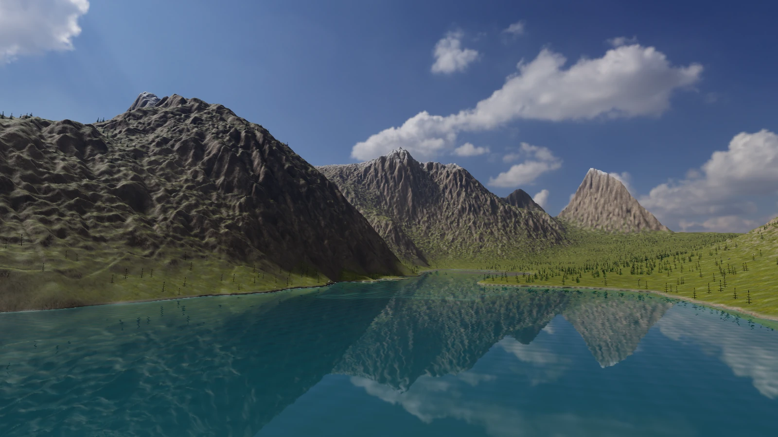 An alpine lake surrounded by forest and mountains in Aether’s exported WebGPU terrain viewer