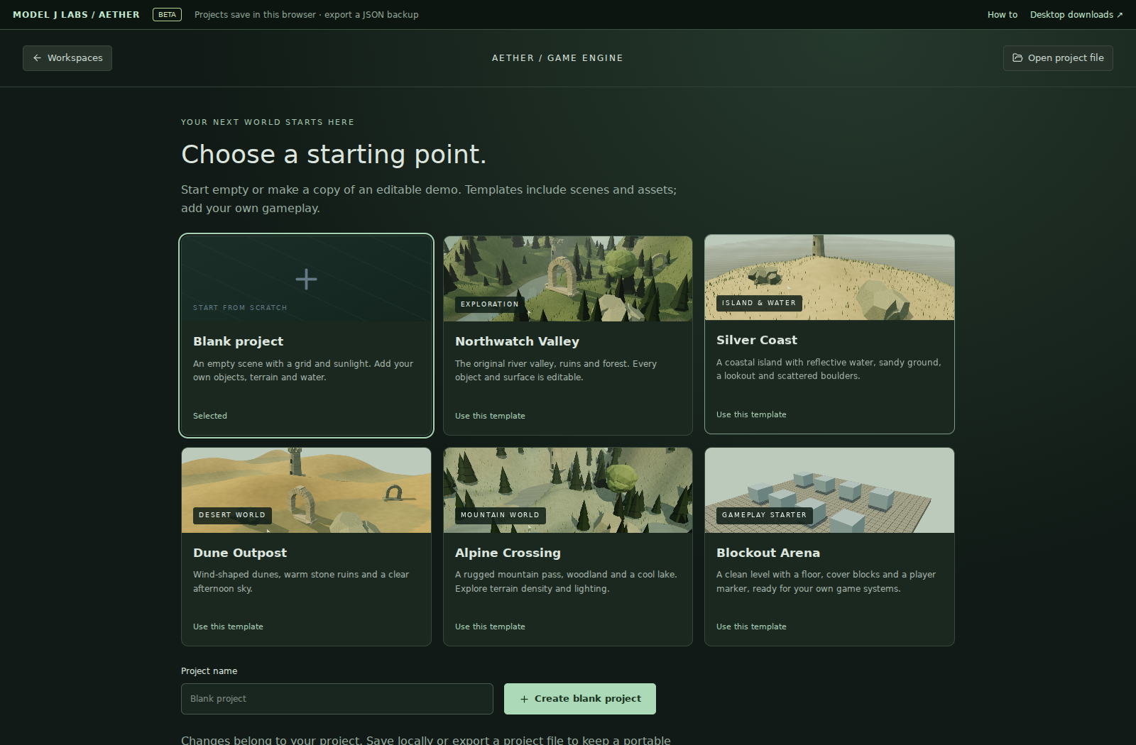 Aether CP112 Game Engine project chooser